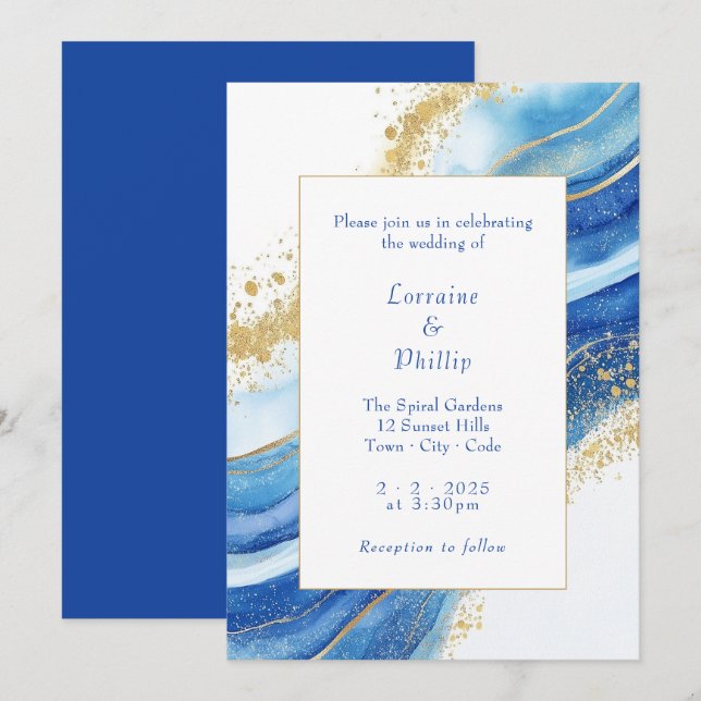  Elegant Blue and Gold Watercolor Wedding  Invitation (Front/Back)