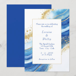  Elegant Blue and Gold Watercolor Wedding  Invitation