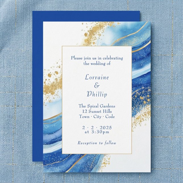  Elegant Blue and Gold Watercolor Wedding  Invitation (Elegant Blue and Gold Watercolor Wedding Invitation)
