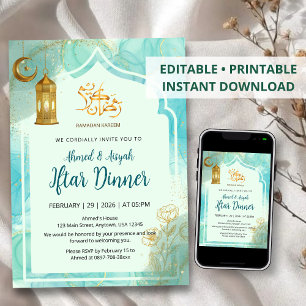 Elegant Blue and Gold with marble texture Iftar Invitation