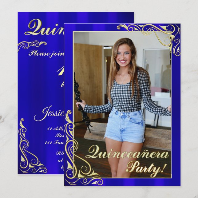 Elegant Blue and Gold Your Photo Quinceañera Invitation (Front/Back)