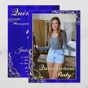 Elegant Blue and Gold Your Photo Quinceañera Invitation