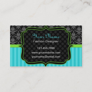 Elegant Blue and Green, Black Damask Business Card