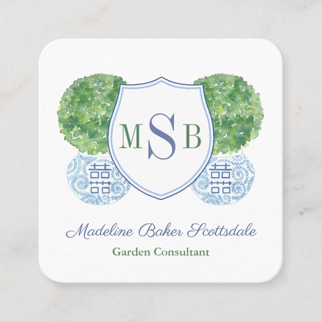 Elegant Blue And Green Boxwood Consultant Calling Square Business Card (Front)