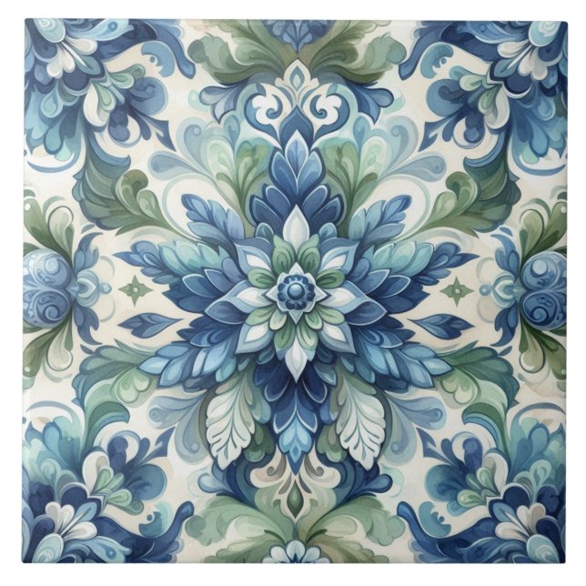Elegant Blue and Green Floral Ornament Flourish Tile (Front)