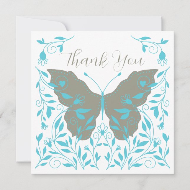 Elegant Blue and Grey Butterfly Thank You Card (Front)