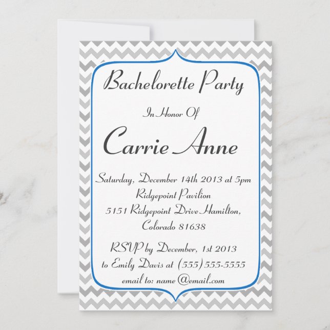 Elegant Blue and Grey Chevron Bachelorette Party Invitation (Front)
