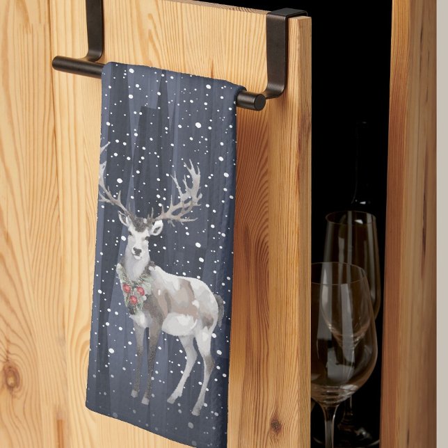 Elegant Blue and Grey Snowy Reindeer Christmas  Tea Towel (Creator Uploaded)