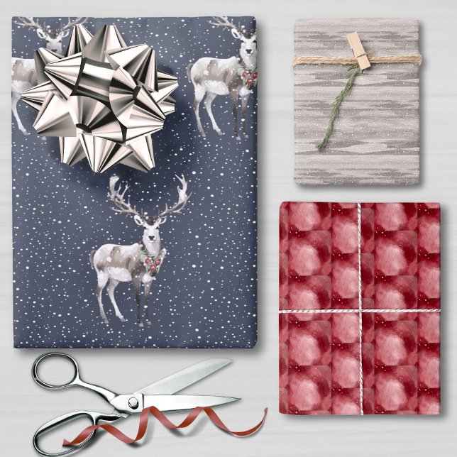 Elegant Blue and Grey Snowy Reindeer Christmas  Wrapping Paper Sheet (Creator Uploaded)