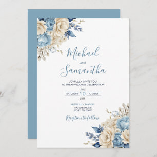 Elegant Blue and Ivory Rose Wedding Invitation