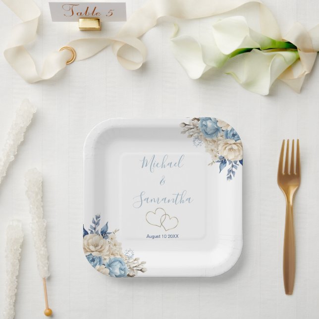 Elegant Blue and Ivory Rose Wedding Paper Plate (Wedding)