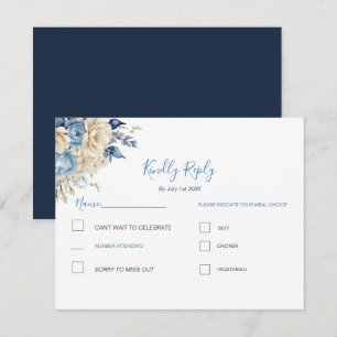 Elegant Blue and Ivory Rose Wedding RSVP Card