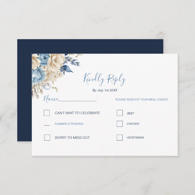 Elegant Blue and Ivory Rose Wedding RSVP Card (Front/Back)