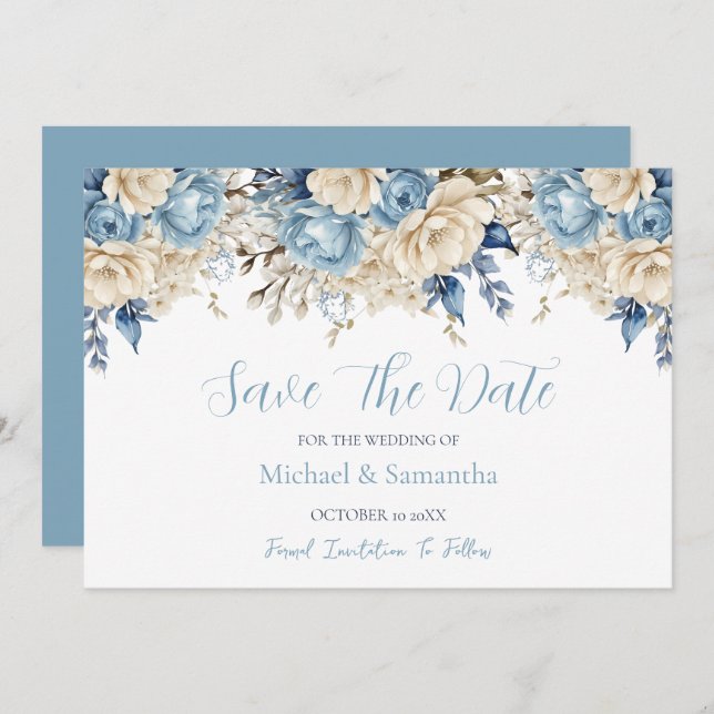 Elegant Blue and Ivory Rose Wedding Save The Date (Front/Back)