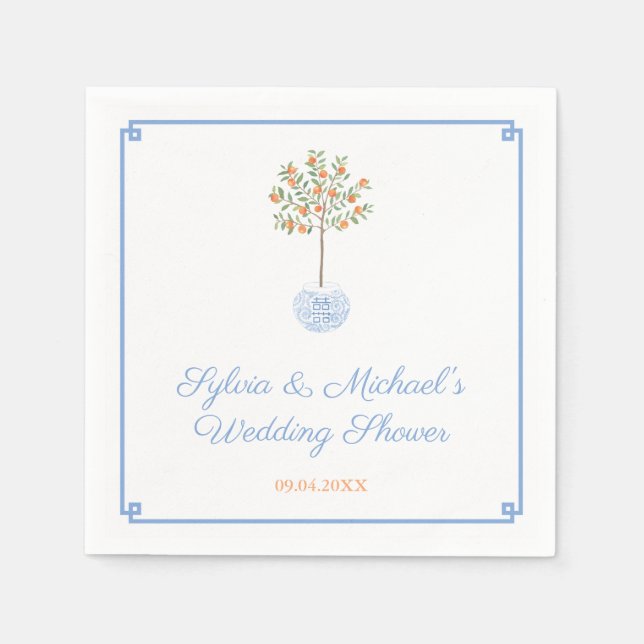 Elegant Blue And Orange Citrus Tree Wedding Shower Napkin (Front)