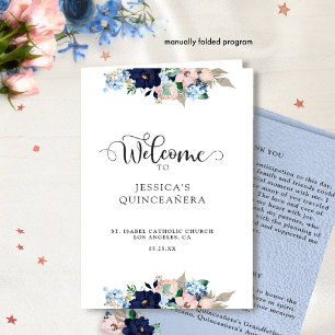 Elegant Blue and Pink Floral Quinceanera Program