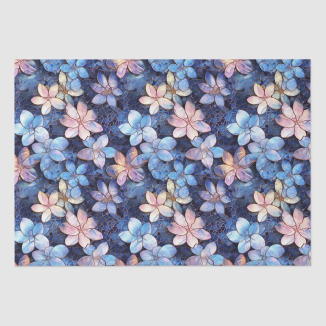 Elegant Blue and Pink Flowers Mosaic Glass Pattern Tissue Paper (Front)