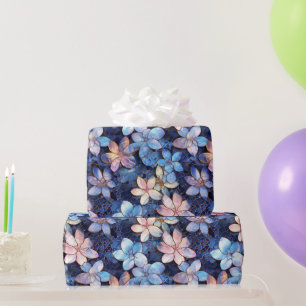 Elegant Blue and Pink Flowers Mosaic Glass Pattern Wrapping Paper