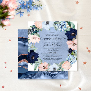 Elegant Blue and Pink Quinceañera, Floral Invitation