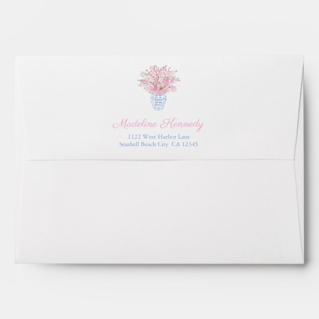 Elegant Blue And Pink Wedding Return Address Envelope (Back (Top Flap))