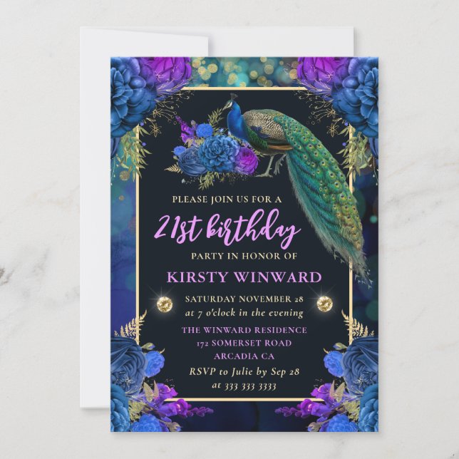Elegant Blue and Purple Floral Peacock Birthday Invitation (Front)