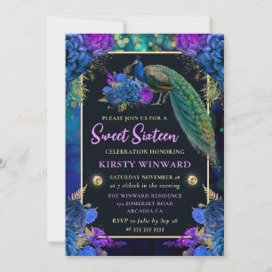 Elegant Blue and Purple Floral Peacock Sweet 16 Invitation