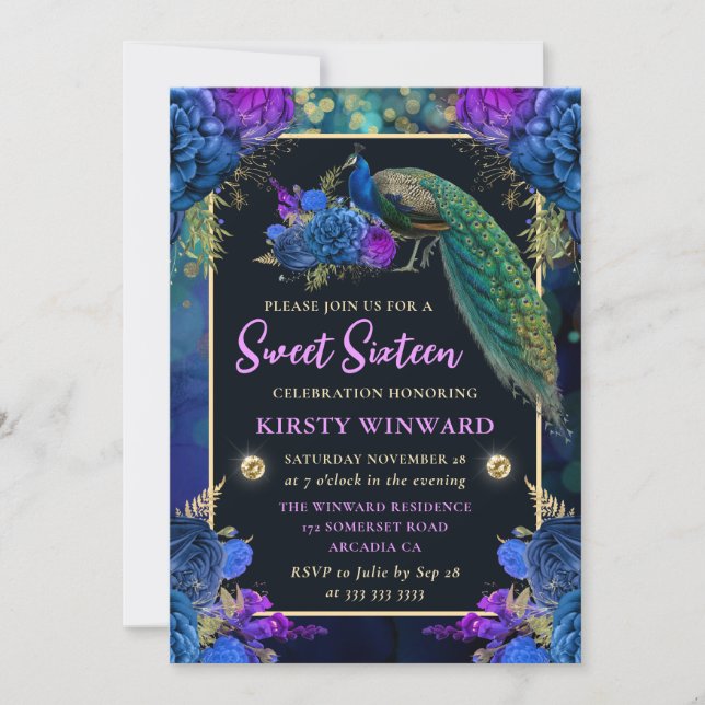 Elegant Blue and Purple Floral Peacock Sweet 16 Invitation (Front)