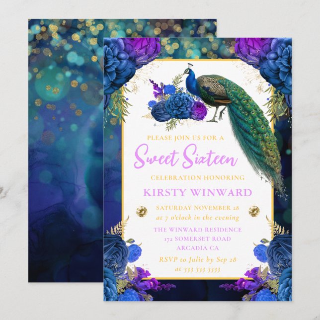 Elegant Blue and Purple Floral Peacock Sweet 16 Invitation (Front/Back)