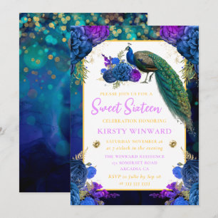 Elegant Blue and Purple Floral Peacock Sweet 16 Invitation