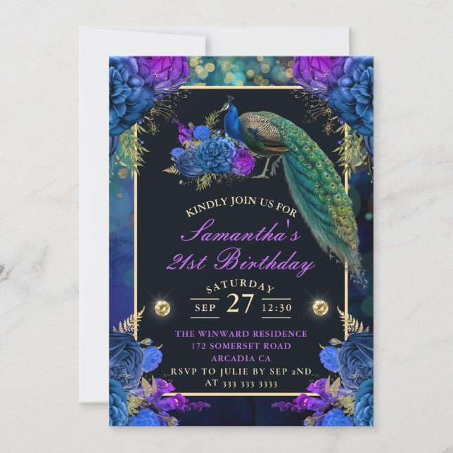 Elegant Blue and Purple Flowers Peacock Birthday Invitation (Front)