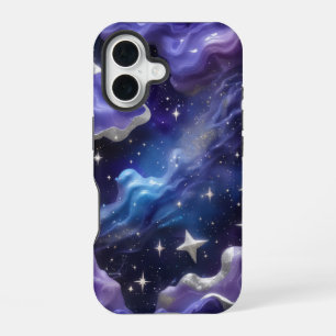 Elegant Blue and Purple Galaxy with Shimmering Cl iPhone 16 Case