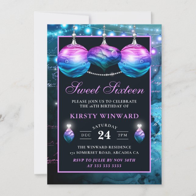 Elegant Blue and Purple Mermaid Baubles Sweet 16 Invitation (Front)