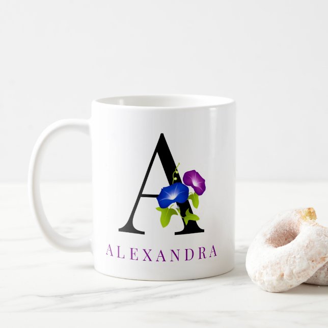 Elegant Blue And Purple Morning Glory Flower Coffee Mug (With Donut)