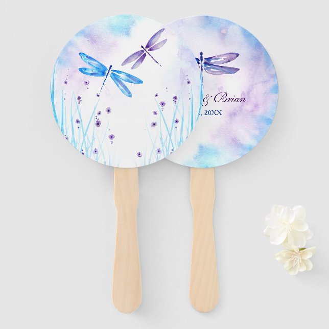 Elegant Blue and Purple Watercolor Dragonfly Hand Fan (Front and Back)