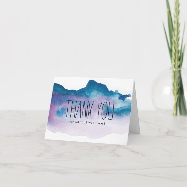 Elegant Blue and Purple Watercolor Wash Thank You Card (Front)