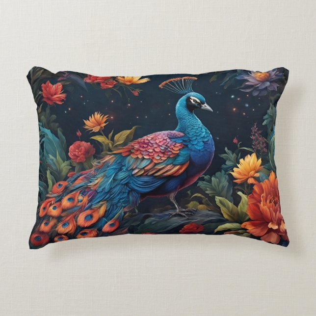 Elegant Blue and range Peacock Star Filled Garden Decorative Cushion (Front)