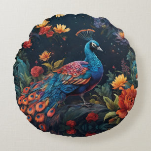 Elegant Blue and range Peacock Star Filled Garden Round Cushion