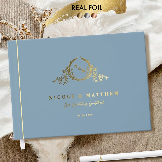 Elegant Blue and Real Foil Monogram Wedding Guest Book (Creator Uploaded)