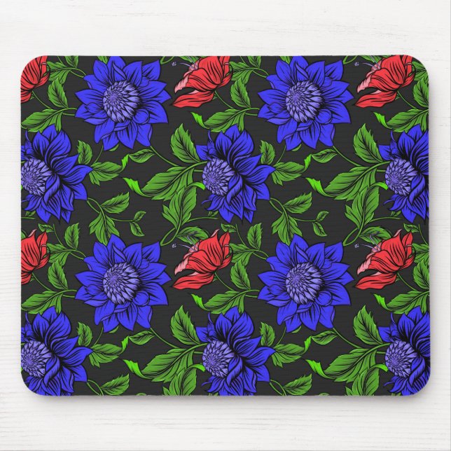 Elegant Blue And Red Flower Black Background Mouse Mat (Front)
