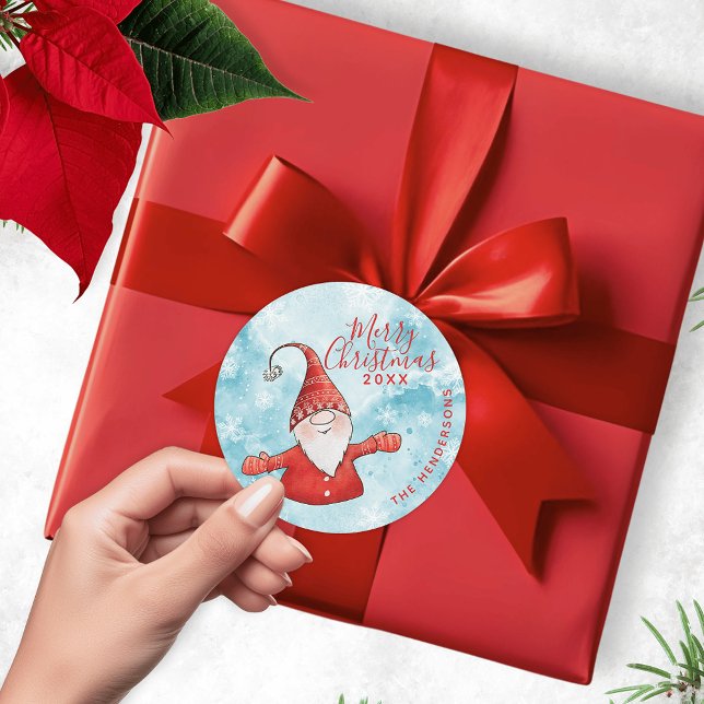 Elegant Blue and Red Gnome Custom Merry Christmas Classic Round Sticker (Merry Christmas Sticker with Gnome in Red on a Blue Background)