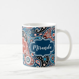 Elegant Blue and Red Paisley Print Custom Text Coffee Mug