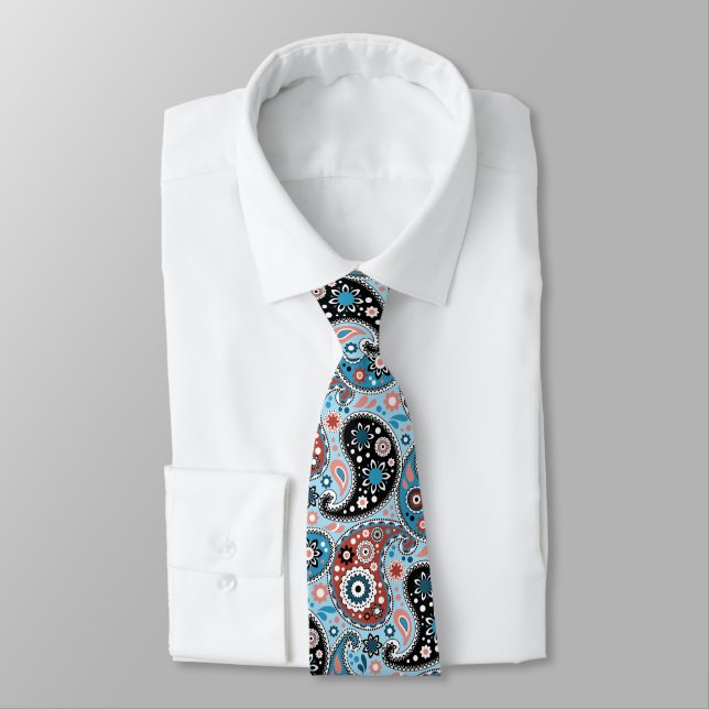 Elegant Blue and Red Persian Paisley Print Tie (Tied)