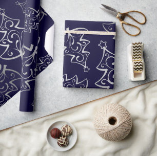 Elegant Blue and Silver Faux Foil Christmas Tree Wrapping Paper