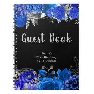 Elegant Blue and Silver Flower Birthday Guest Book