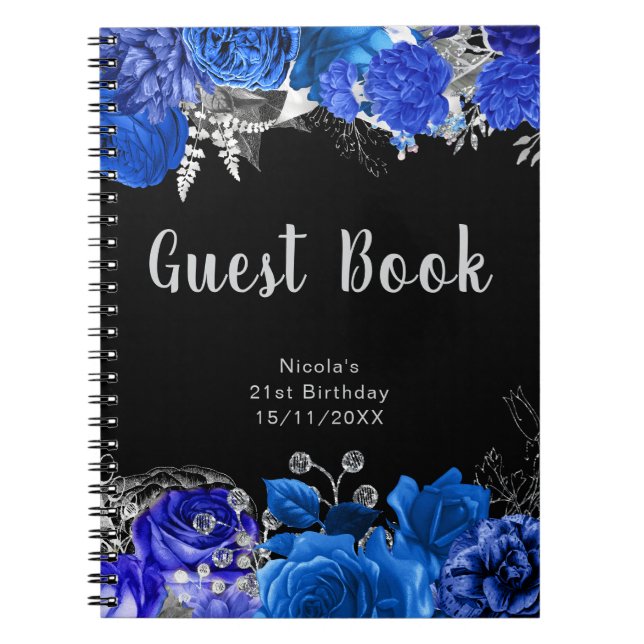 Elegant Blue and Silver Flower Birthday Guest Book (Front)