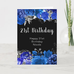 Elegant Blue and Silver Flowers Birthday Party Card
