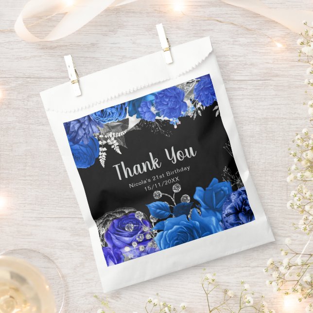 Elegant Blue and Silver Flowers Birthday Party Favour Bags (Clipped)
