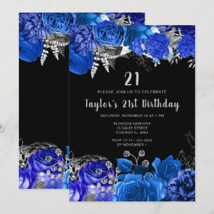 Elegant Blue and Silver Flowers Birthday Party Invitation