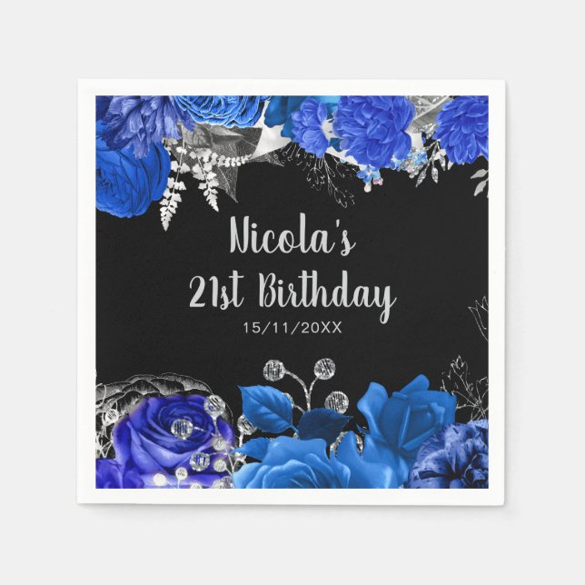 Elegant Blue and Silver Flowers Birthday Party Napkin (Front)