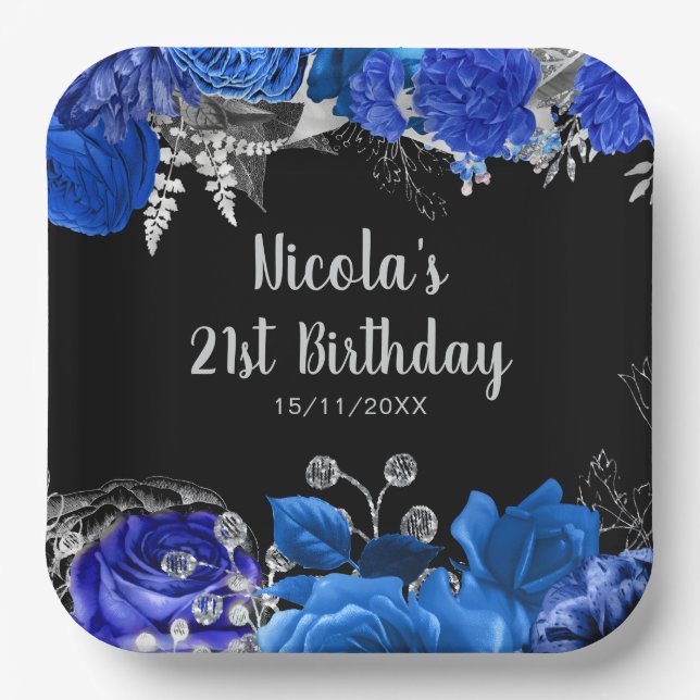 Elegant Blue and Silver Flowers Birthday Party Paper Plate (Front)